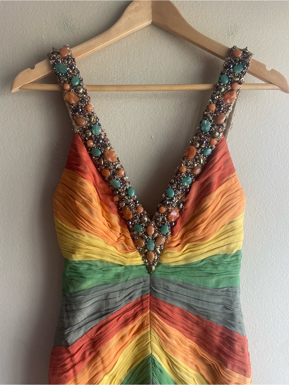 New Mandalay 100% Silk Beaded Rainbow Chevron Sleeveless Dress Multi Cocktail 4 - Picture 3 of 16